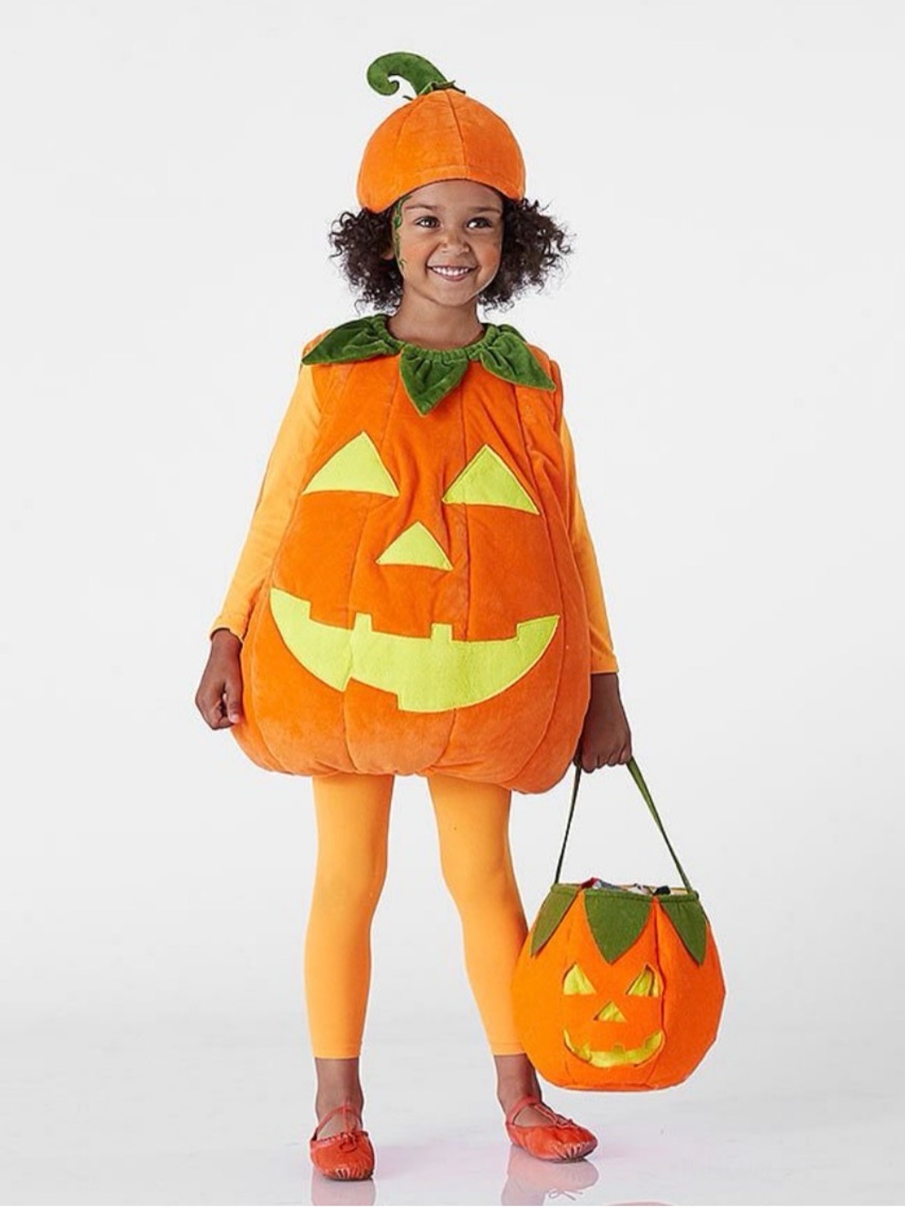 Pottery Barn Kids Plush Orange Pumpkin Costume with Green Collar and Yellow Face